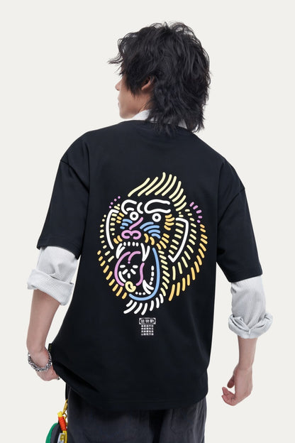 HEA Neon Line Art Lion Head T-Shirt, Unisex Streetwear Casual Tee