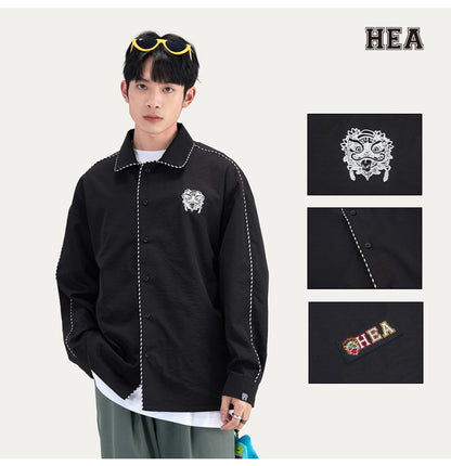 HEA Contrast Stitch Lion Embroidery Oversized Shacket, Men’s Casual Long Sleeve Button Down Shirt Jacket