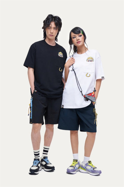 HEA Pocket Lion Head Print T-Shirt, Unisex Streetwear Casual Tee with Hook Detail