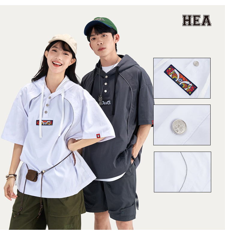 HEA Half Button Short Sleeve Hooded Polo Shirt, Unisex Contrast Stitch Casual Street Top