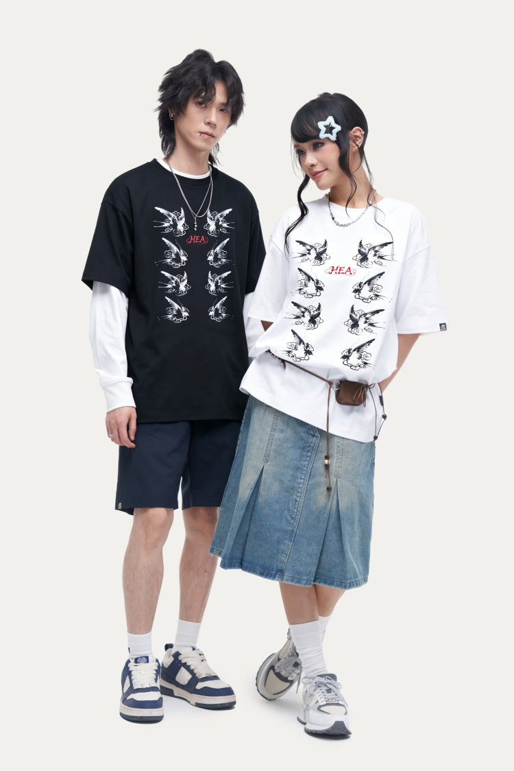 HEA Swallow Print T-Shirt, Unisex Streetwear Casual Tee with Traditional Chinese Art