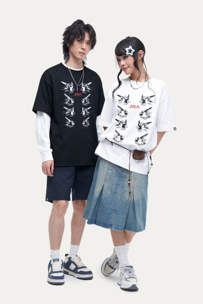 HEA Swallow Print T-Shirt, Unisex Streetwear Casual Tee with Traditional Chinese Art