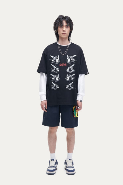 HEA Swallow Print T-Shirt, Unisex Streetwear Casual Tee with Traditional Chinese Art