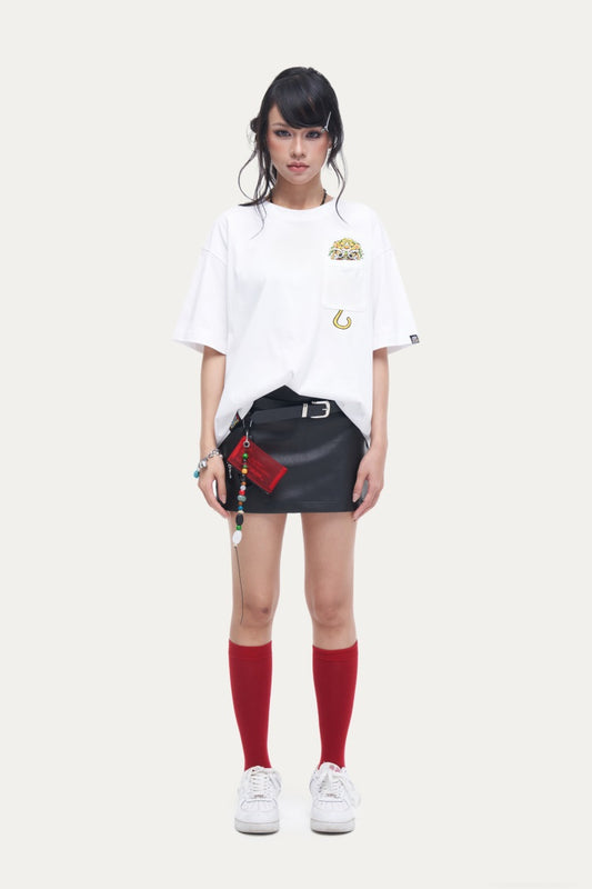 HEA Pocket Lion Head Print T-Shirt, Unisex Streetwear Casual Tee with Hook Detail