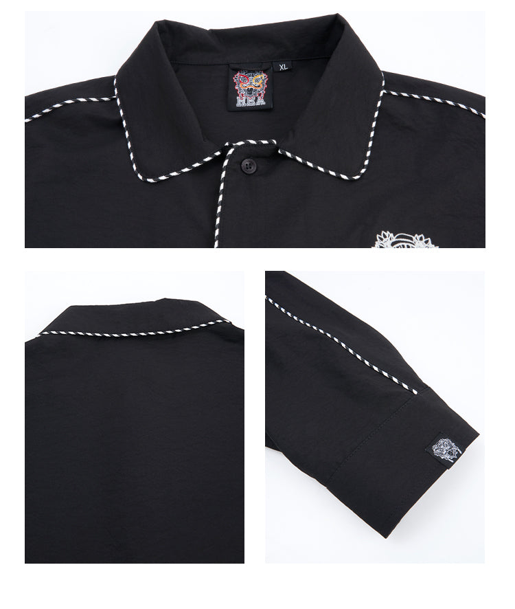 HEA Contrast Stitch Lion Embroidery Oversized Shacket, Men’s Casual Long Sleeve Button Down Shirt Jacket