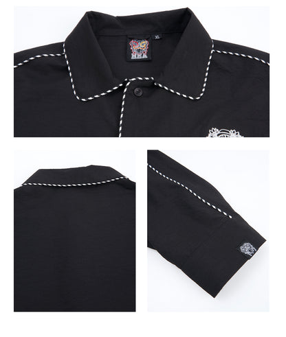 HEA Contrast Stitch Lion Embroidery Oversized Shacket, Men’s Casual Long Sleeve Button Down Shirt Jacket