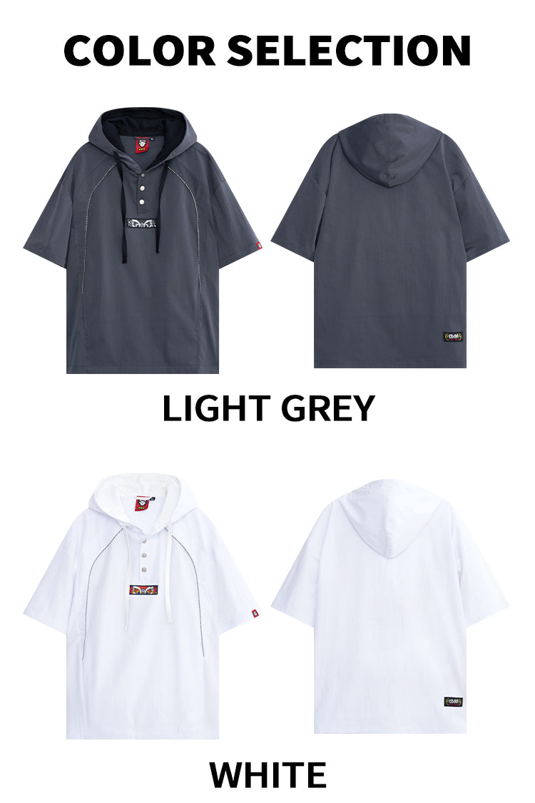 HEA Half Button Short Sleeve Hooded Polo Shirt, Unisex Contrast Stitch Casual Street Top