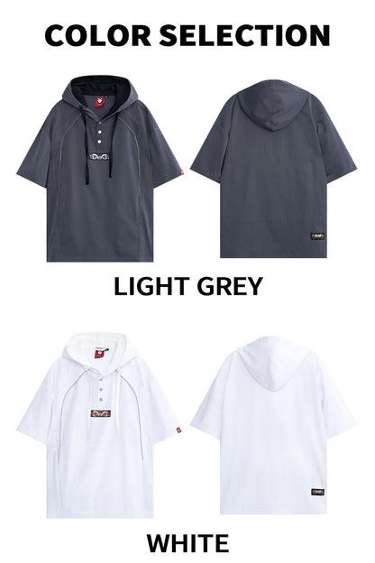 HEA Half Button Short Sleeve Hooded Polo Shirt, Unisex Contrast Stitch Casual Street Top
