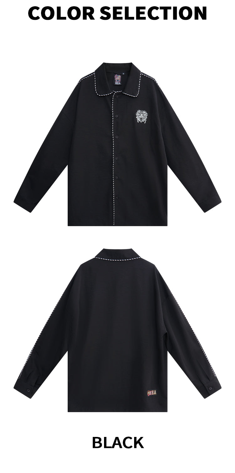 HEA Contrast Stitch Lion Embroidery Oversized Shacket, Men’s Casual Long Sleeve Button Down Shirt Jacket