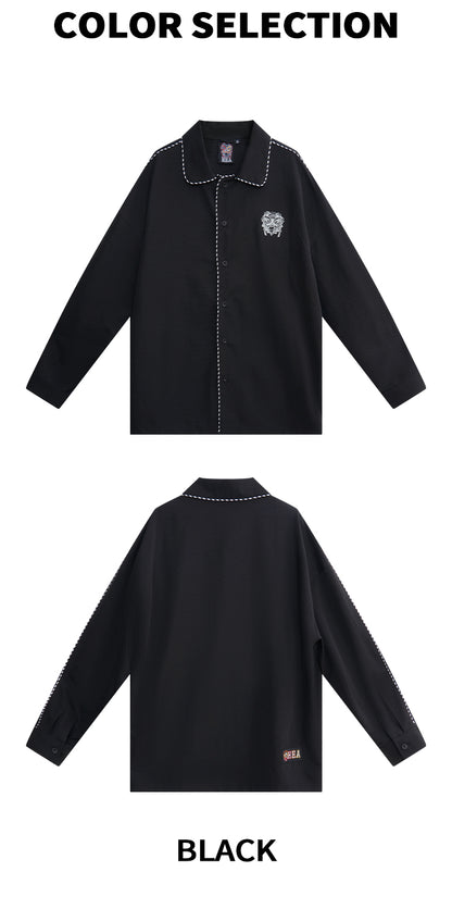 HEA Contrast Stitch Lion Embroidery Oversized Shacket, Men’s Casual Long Sleeve Button Down Shirt Jacket