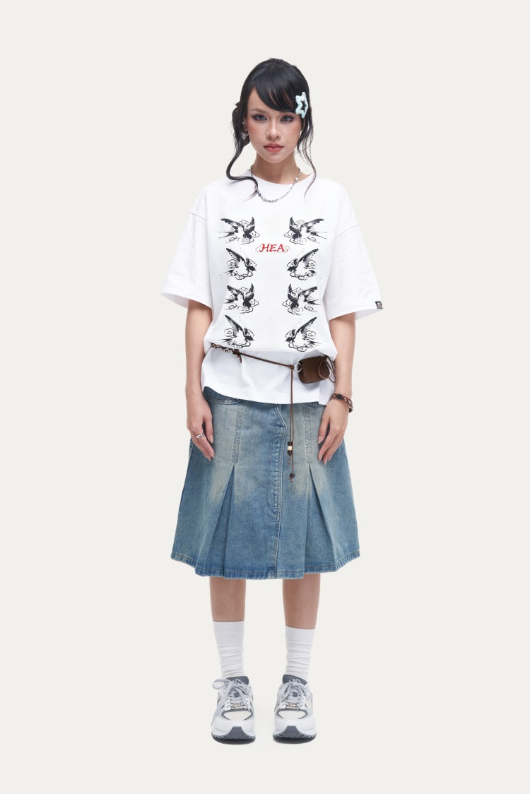 HEA Swallow Print T-Shirt, Unisex Streetwear Casual Tee with Traditional Chinese Art