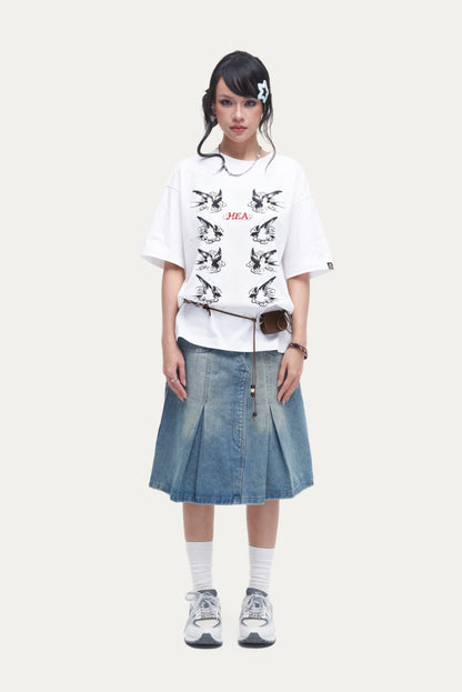 HEA Swallow Print T-Shirt, Unisex Streetwear Casual Tee with Traditional Chinese Art