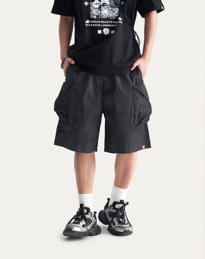HEA Men’s Oversized Cargo Shorts, Casual Streetwear Multi-Pocket Shorts with Drawstring Wais