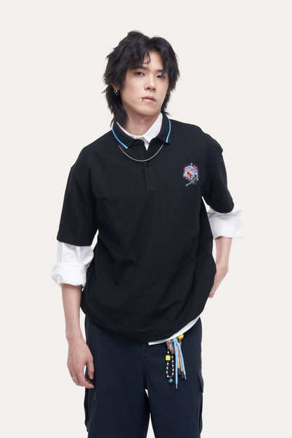 HEA Unisex Oversized Polo Shirt, Casual Collared Top with Lion Embroidery, Breathable Textured Fabric for Men Women