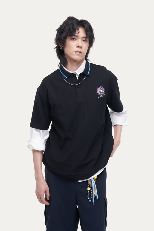 HEA Unisex Oversized Polo Shirt, Casual Collared Top with Lion Embroidery, Breathable Textured Fabric for Men Women