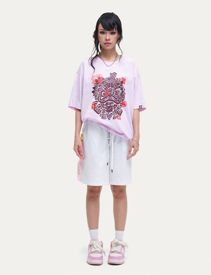 HEA Unisex Tie Dye Lion Print T-Shirt, Casual Streetwear Oversized Short Sleeve Cotton Tee