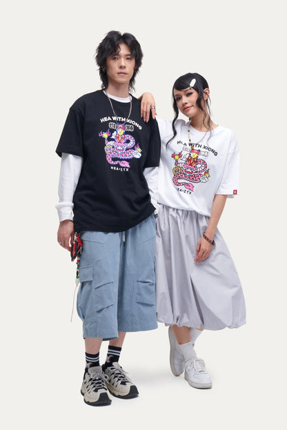 HEA Unisex Oversized Cartoon Print T-Shirt, Crew Neck Cotton Tee with Graffiti-Style Character Design, Casual Streetwear Top for Men Women
