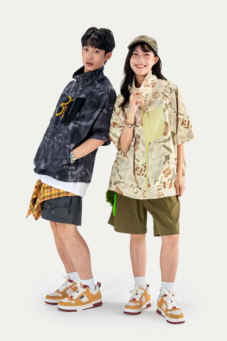 HEA All-Over Print Half-Sleeve Zip-Up Jacket | Unisex Streetwear Casual Stand Collar Top