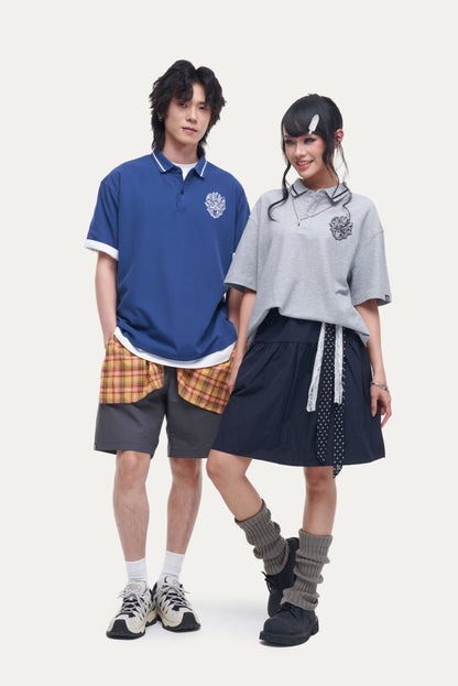 HEA Unisex Oversized Polo Shirt, Short-Sleeve Streetwear Top with Embroidered Lion Logo, Casual Collared Tee for Men & Women