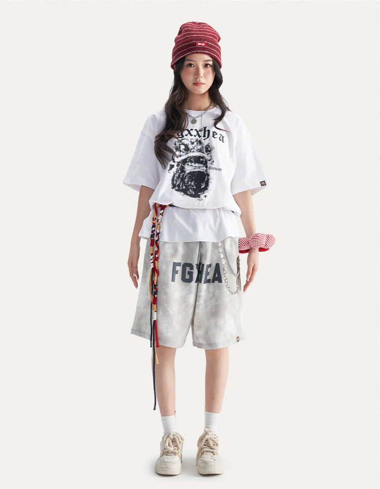 HEA Unisex Letter Print Casual Shorts, Elastic Waist Streetwear Shorts