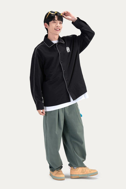 HEA Contrast Stitch Lion Embroidery Oversized Shacket, Men’s Casual Long Sleeve Button Down Shirt Jacket