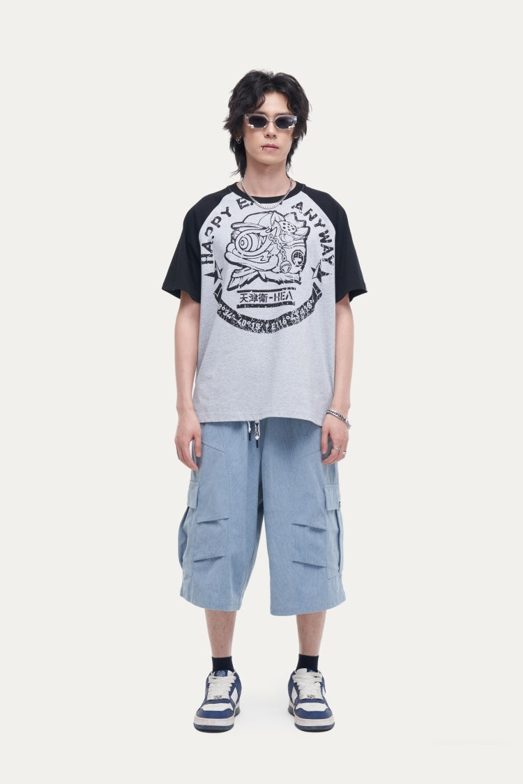 HEA Unisex Heavyweight 100% Cotton Raglan Sleeve Lion Print T-Shirt, Casual Streetwear Short Sleeve