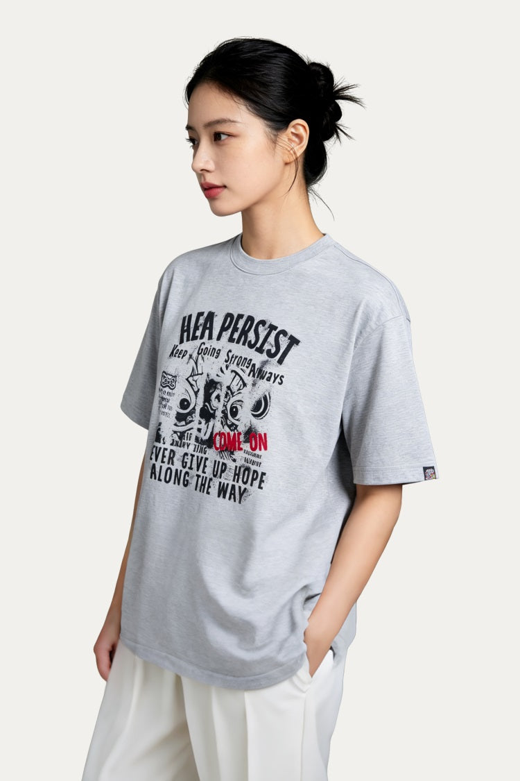 HEA Persist Vintage Letter Lion Graphic Tee, Unisex Casual Cotton Short Sleeve T-shirt
