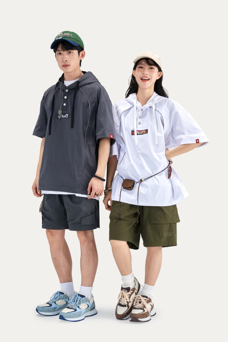 HEA Half Button Short Sleeve Hooded Polo Shirt, Unisex Contrast Stitch Casual Street Top