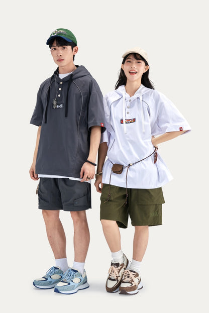 HEA Half Button Short Sleeve Hooded Polo Shirt, Unisex Contrast Stitch Casual Street Top