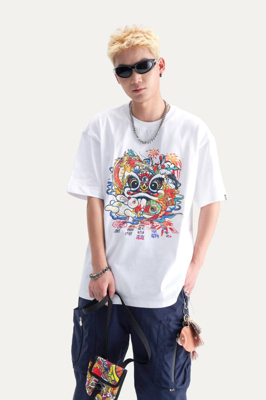 HEA Unisex Heavyweight Cotton Colorful Lion Graphic T-Shirt, Oversized Streetwear Short Sleeve Tee