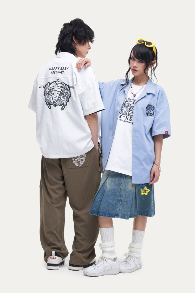 HEA Unisex Oversized Short-Sleeve Shirt, Streetwear Button-Up Top with Front & Back Lion Print, Casual Loose Fit Blouse for Men & Women