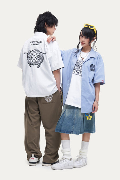 HEA Unisex Oversized Short-Sleeve Shirt, Streetwear Button-Up Top with Front & Back Lion Print, Casual Loose Fit Blouse for Men & Women
