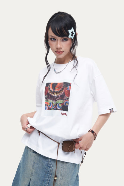 HEA Unisex Oversized Graphic T-Shirt, Crew Neck Cotton Tee with Front & Back Lion Print, Casual Streetwear Top for Men Women