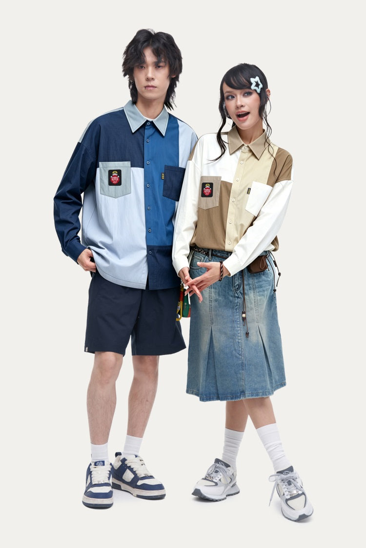 HEA Patchwork Color Block Oversized Button-Up Shirt | Unisex Streetwear Casual Top