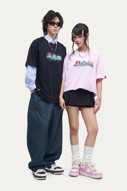 HEA Unisex Oversized Cartoon Print T-Shirt, Crew Neck Cotton Tee with Graffiti-Style Character Design, Casual Streetwear Top for Men Women