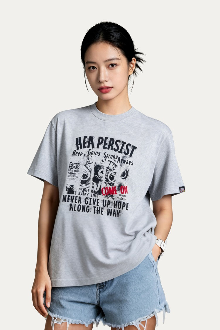 HEA Persist Vintage Letter Lion Graphic Tee, Unisex Casual Cotton Short Sleeve T-shirt