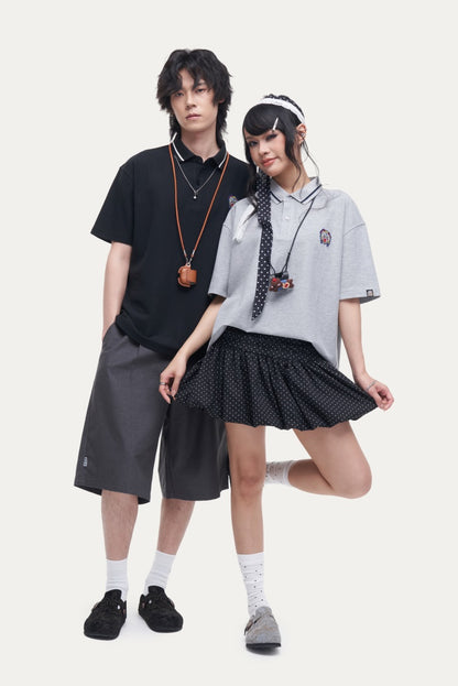 HEA Unisex Oversized Polo Shirt, Short-Sleeve Streetwear Top with Embroidered Logo, Casual Collared Tee for Men & Women