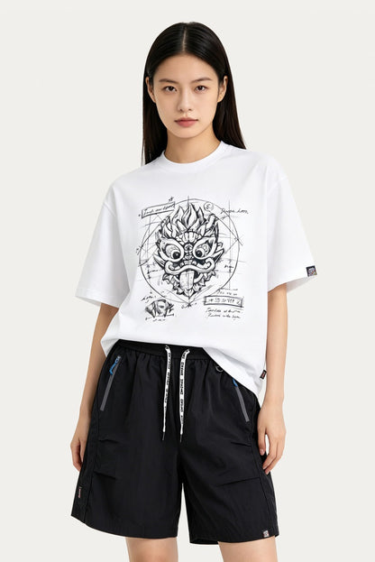 HEA Blueprint Sketch Lion Head Crewneck Tee, Unisex Casual Cotton Short Sleeve T-Shirt
