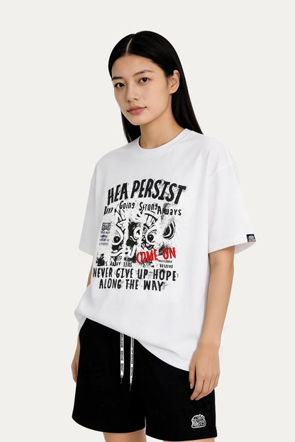 HEA Persist Vintage Letter Lion Graphic Tee, Unisex Casual Cotton Short Sleeve T-shirt