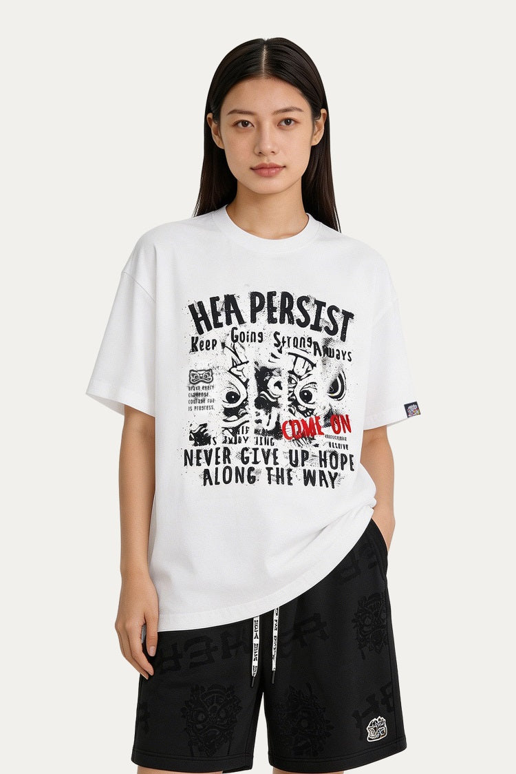 HEA Persist Vintage Letter Lion Graphic Tee, Unisex Casual Cotton Short Sleeve T-shirt