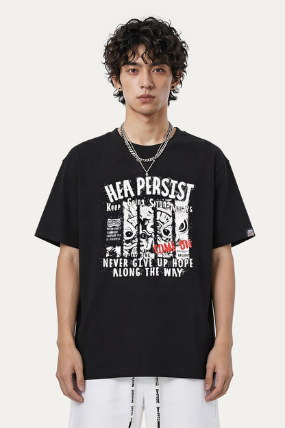 HEA Persist Vintage Letter Lion Graphic Tee, Unisex Casual Cotton Short Sleeve T-shirt