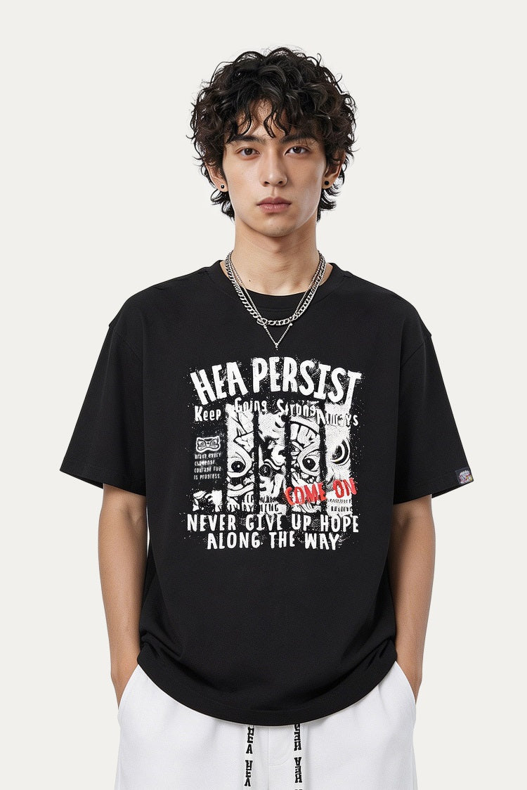 HEA Persist Vintage Letter Lion Graphic Tee, Unisex Casual Cotton Short Sleeve T-shirt