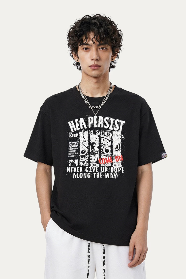 HEA Persist Vintage Letter Lion Graphic Tee, Unisex Casual Cotton Short Sleeve T-shirt