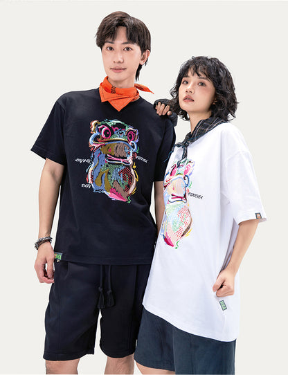 HEA Cartoon Graphic Print T-Shirt Casual Streetwear Short Sleeve Tee Unisex Trendy Cotton T-shirt