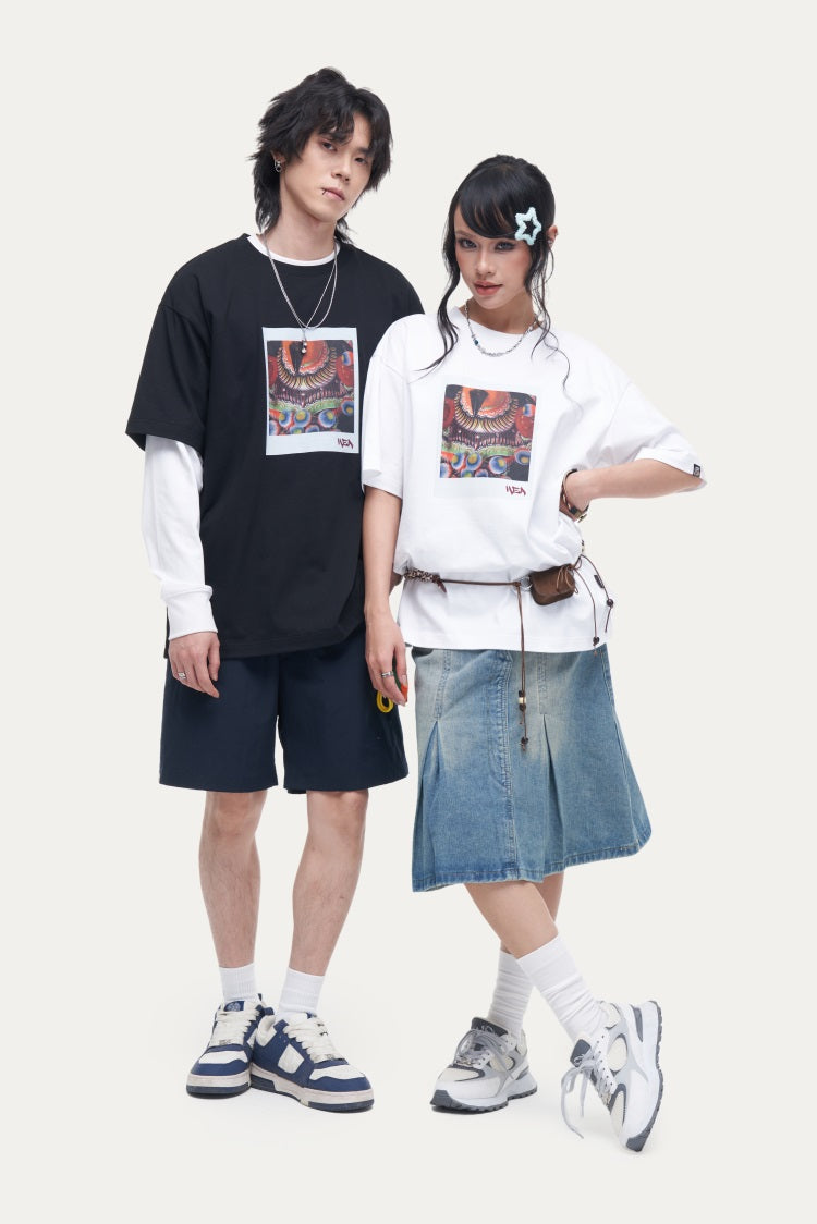 HEA Unisex Oversized Graphic T-Shirt, Crew Neck Cotton Tee with Front & Back Lion Print, Casual Streetwear Top for Men Women