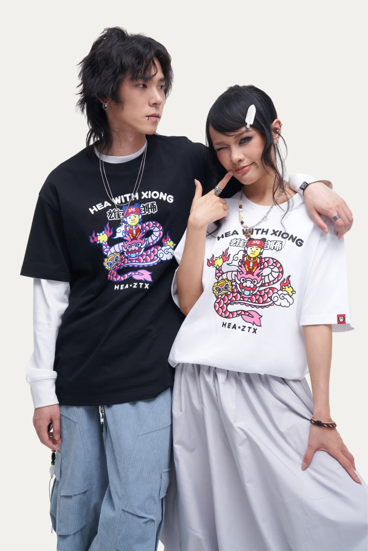 HEA Unisex Oversized Cartoon Print T-Shirt, Crew Neck Cotton Tee with Graffiti-Style Character Design, Casual Streetwear Top for Men Women