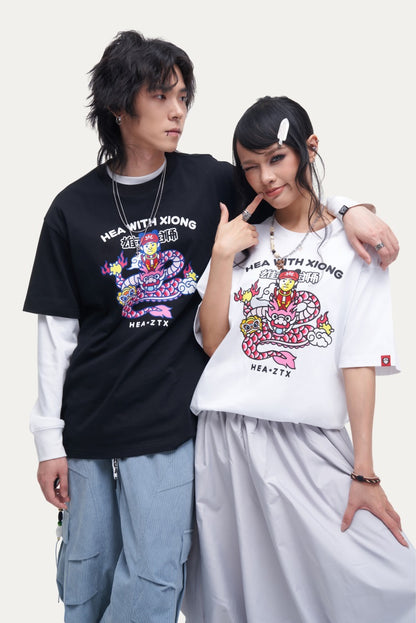 HEA Unisex Oversized Cartoon Print T-Shirt, Crew Neck Cotton Tee with Graffiti-Style Character Design, Casual Streetwear Top for Men Women