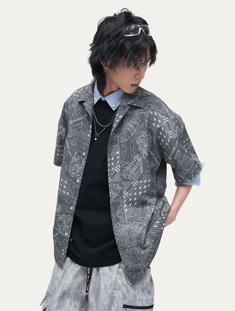 HEA Unisex Allover Print Button Up Shirt, Casual Streetwear Short Sleeve Camp Shirt