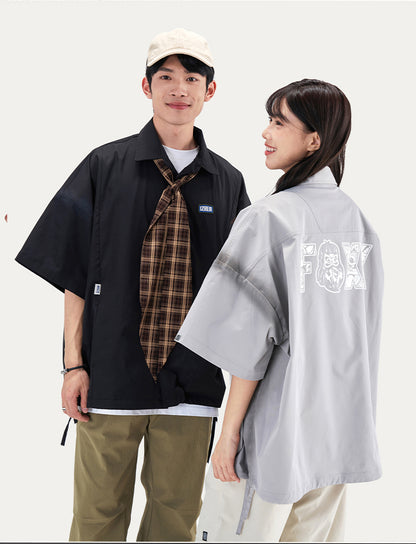 HEA Oversized Shirt with Unique Graphic Print Casual Streetwear Unisex Short Sleeve Shirt