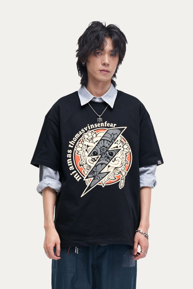 HEA Unisex Oversized Graphic T-Shirt, Crew Neck Cotton Tee with Front & Back Lion Print, Casual Streetwear Top for Men Women